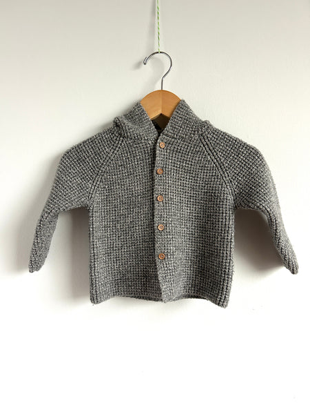 Rylee and Cru Soft Grey Button Sweater with Pom Pom Hood • 12-18 months