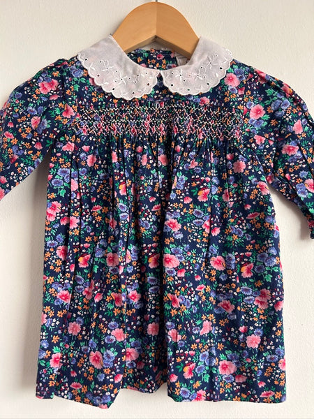 Vintage Caboodles Smocked Blue Floral Collared Dress • 12-18 months (80cm)
