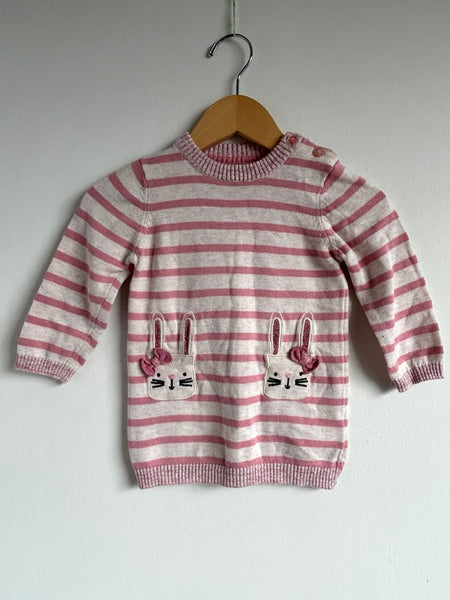 Primark Long Sleeve Striped Bunny Sweater Dress • 9-18 months