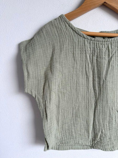 Petits Vilains Light Green Muslin Top with Button Back • 2-3 years