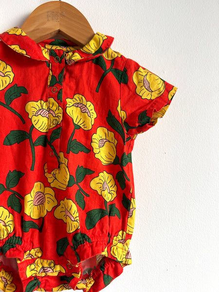 Mini Rodini Red Collared Floral Onesie • 2-4 months