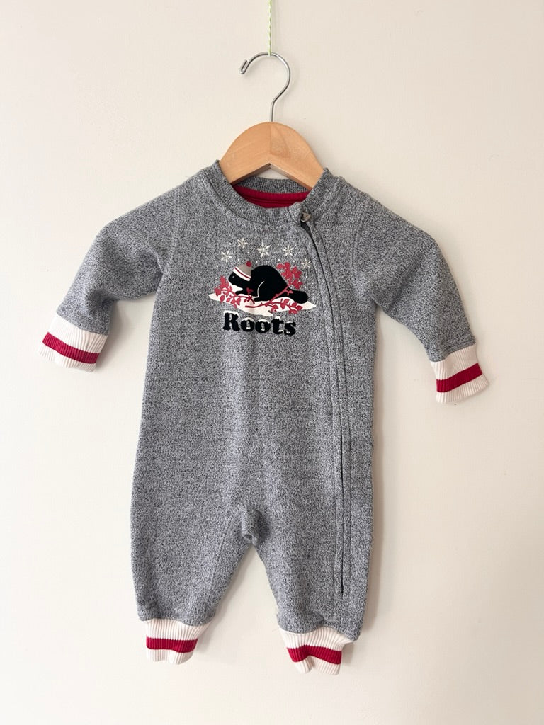 Roots Grey Holiday Zip Romper • 0-3 months *