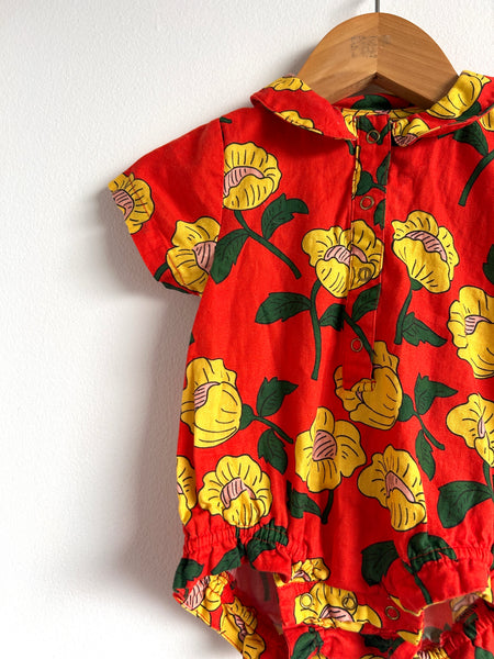 Mini Rodini Red Collared Floral Onesie • 2-4 months