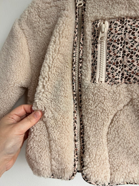 Zara Lined Cream Teddy Sherpa Zip Up Hooded Jacket With Floral Pocket • 1-2 years