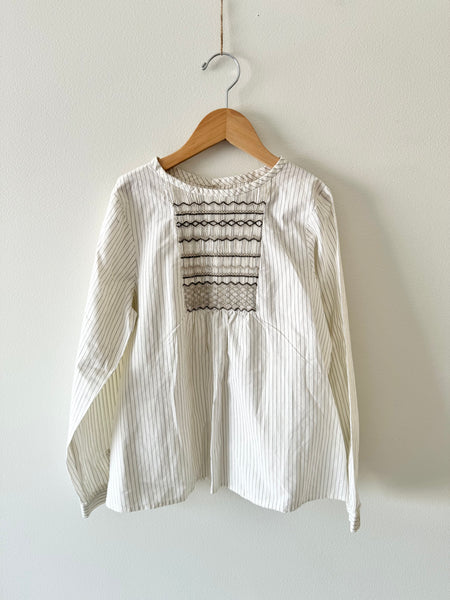 Bonpoint Smocked White Striped Blouse • 10 years