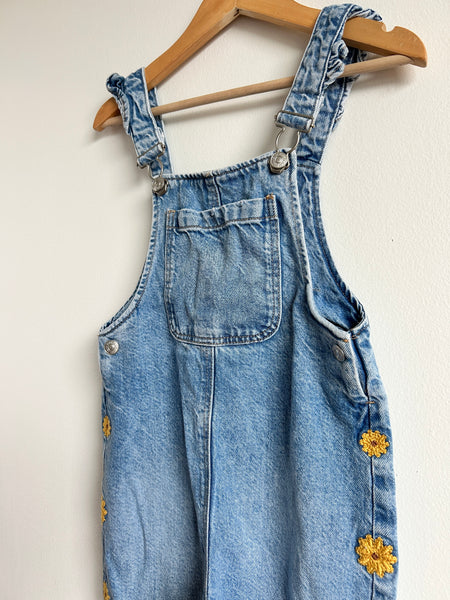 Zara Denim Overalls with Yellow Flowers • 5-6 years