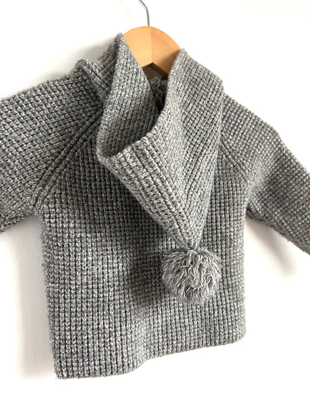 Rylee and Cru Soft Grey Button Sweater with Pom Pom Hood • 12-18 months