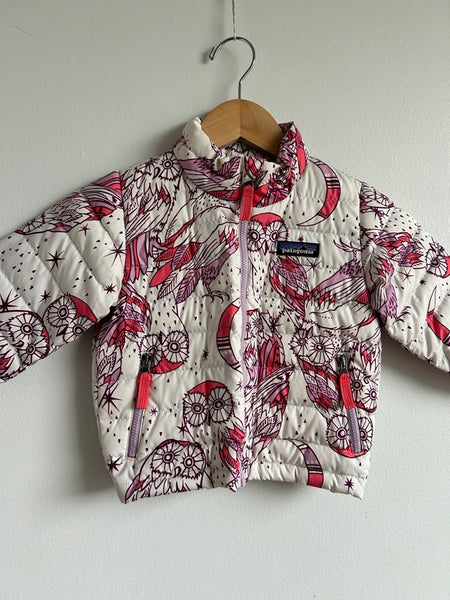 Patagonia White, Purple, and Pink Owls Zip Up Down Sweater • 1-2 years