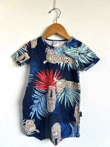 Bonds Leopard Red Blue Leaves Short Romper • 18-24 months