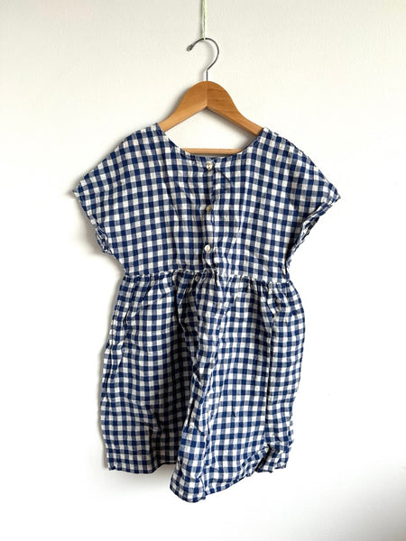 Petits Vilains Blue and White Linen Plaid Dress • 6-7 years