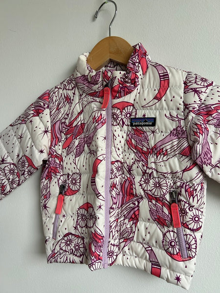Patagonia White, Purple, and Pink Owls Zip Up Down Sweater • 1-2 years