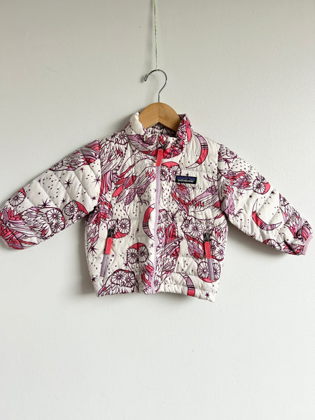 Patagonia White, Purple, and Pink Owls Zip Up Down Sweater • 1-2 years
