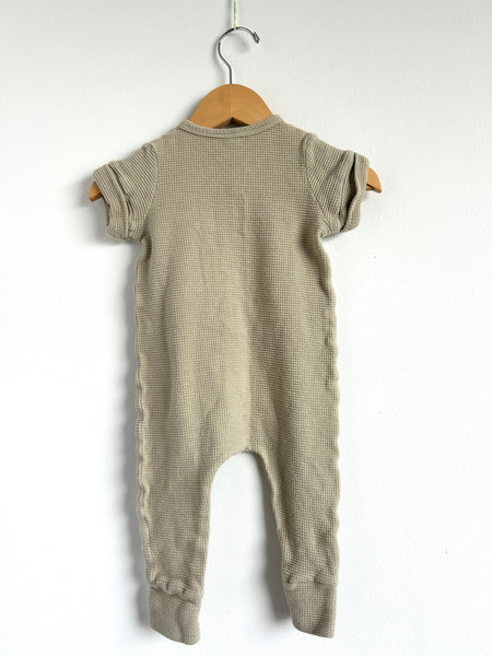 Childhoods Button Short Sleeve Sage Green Waffle Romper • 12-18 months