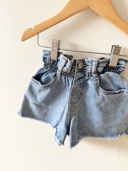 Zara Blue Denim Cutoff Paper Bag Waist Shorts • 3-4 years
