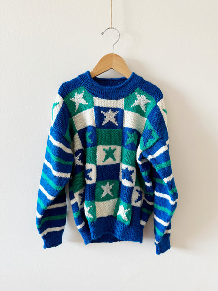 Vintage Handknit Blue and Green Star Knit Sweater • 6-8 years