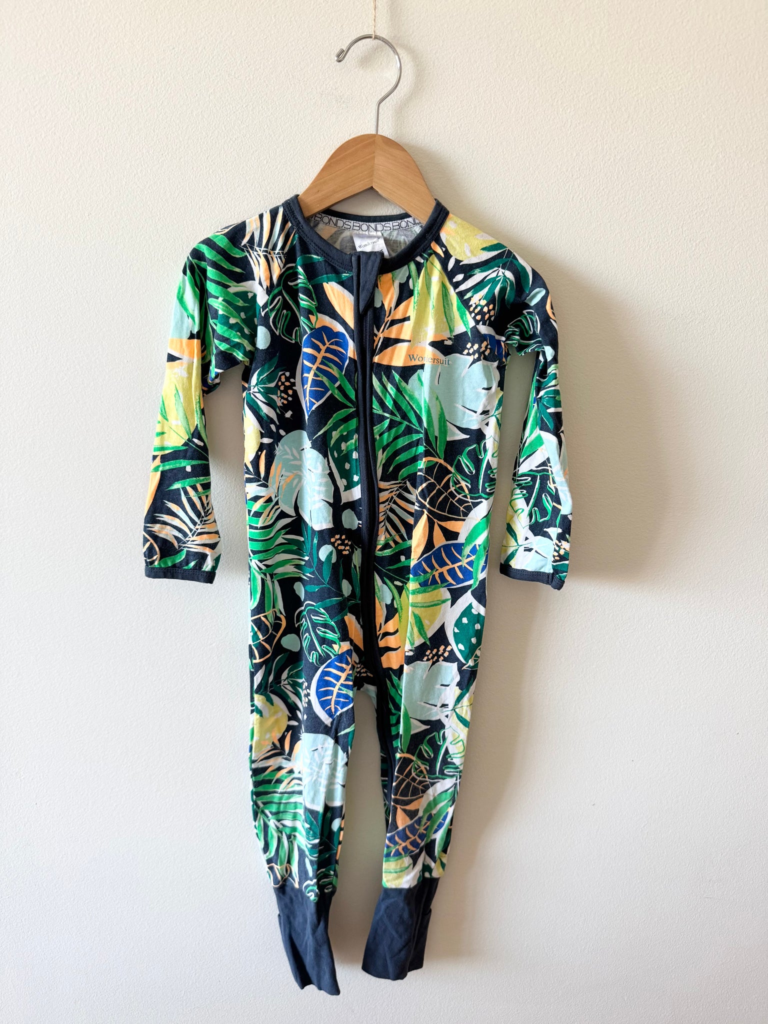 Bonds Navy Tropical Leaf Print Wondersuit • 18-24 months