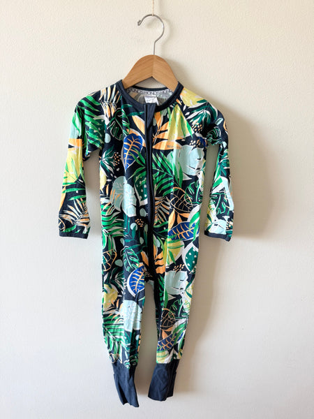 Bonds Navy Tropical Leaf Print Wondersuit • 18-24 months