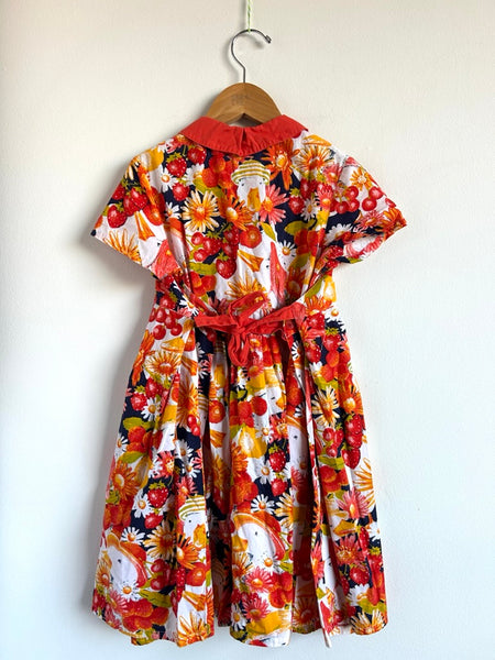Vintage Catimini Red Floral Collared Cotton Dress • 5-6 years