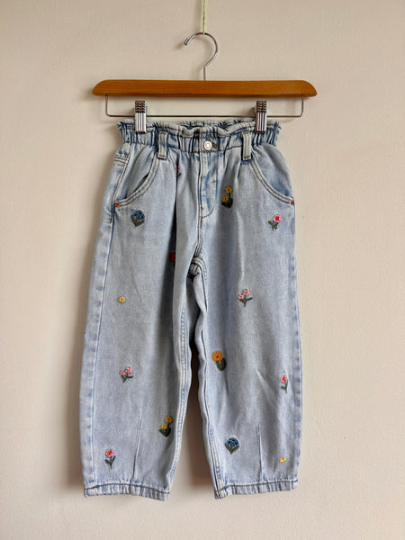 Zara Paperbag Waist Embroidered Lightwash Jeans • 5-6 years