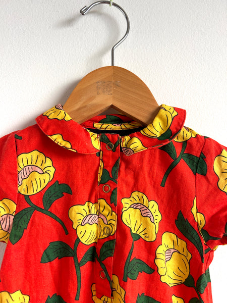 Mini Rodini Red Collared Floral Onesie • 2-4 months