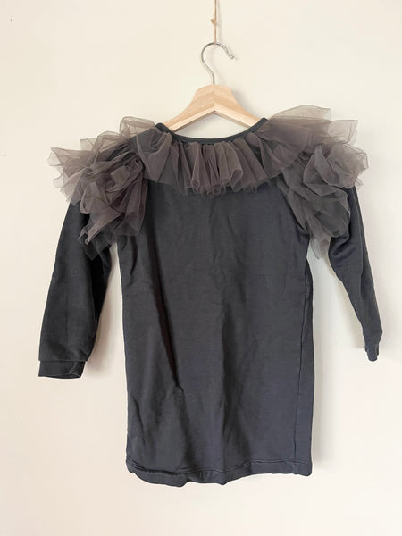 Molo Grey Long Sleeve Sweater Dress with Tulle Ruffle • 6-8 years
