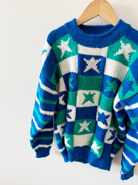 Vintage Handknit Blue and Green Star Knit Sweater • 6-8 years