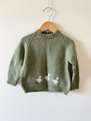 Handknit Green Ducks Sweater • 1-2 years