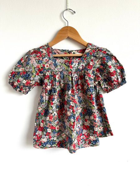 Petits Vilains Red and Blue Poppy Puff Sleeve Shirt • 4-5 years