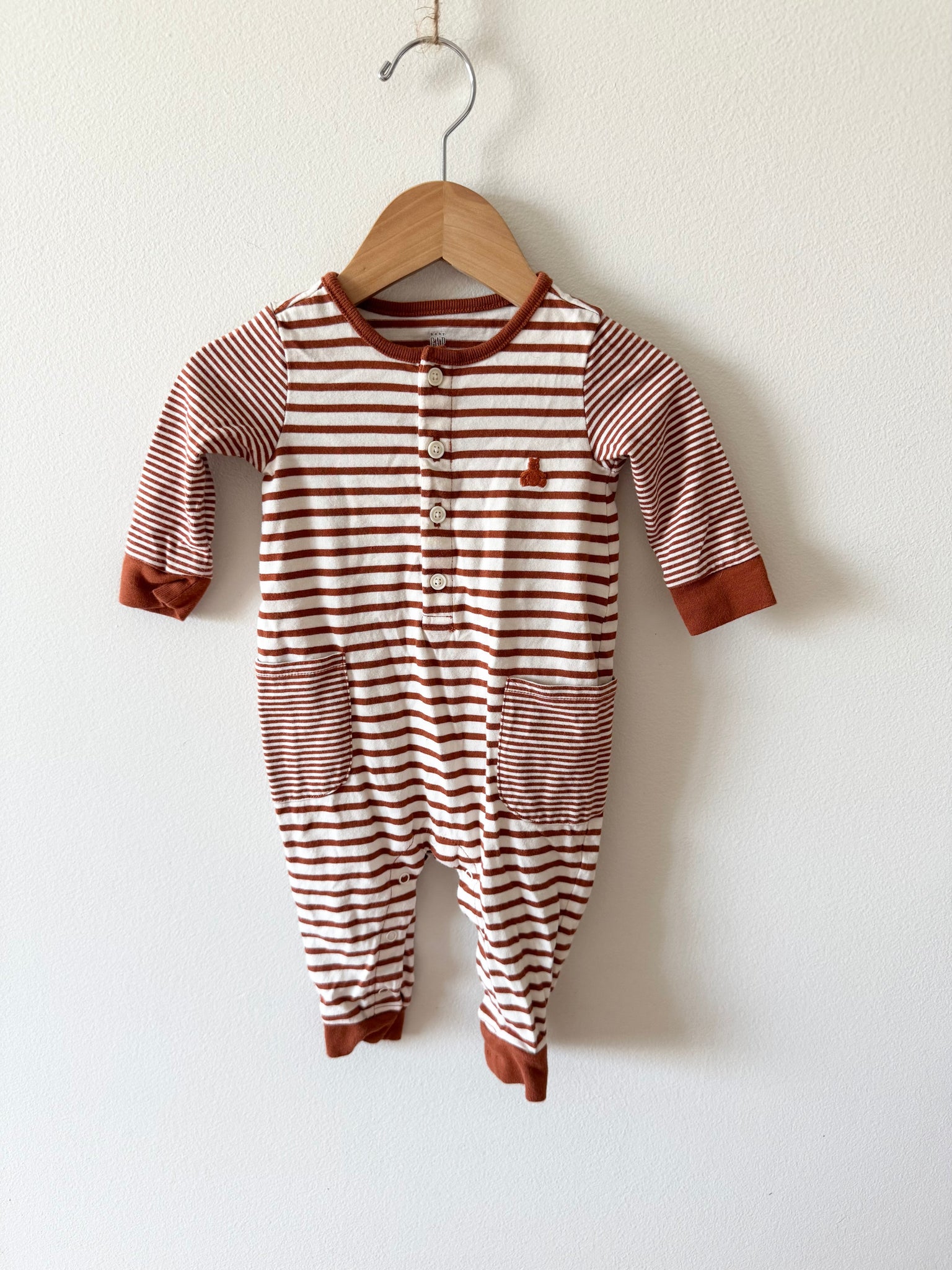 Gap Brown Striped Romper with Pockets • 3-6 months