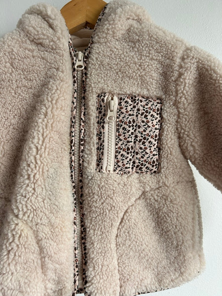 Zara Lined Cream Teddy Sherpa Zip Up Hooded Jacket With Floral Pocket • 1-2 years