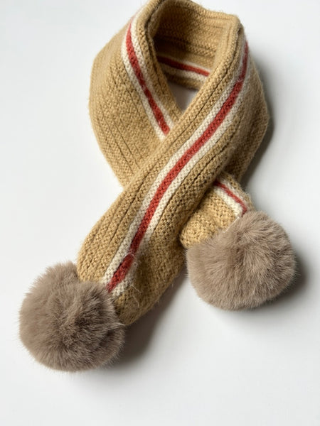 Knit Brown Wrap Scarf with Pom Poms