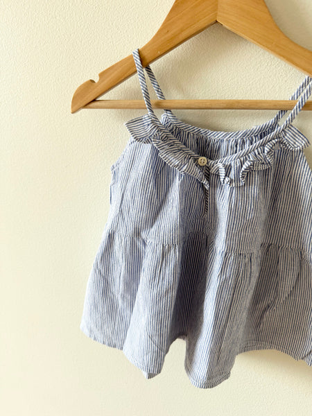 Bonpoint Blue and White Ruffle Neck Tank Top • 3-4 years