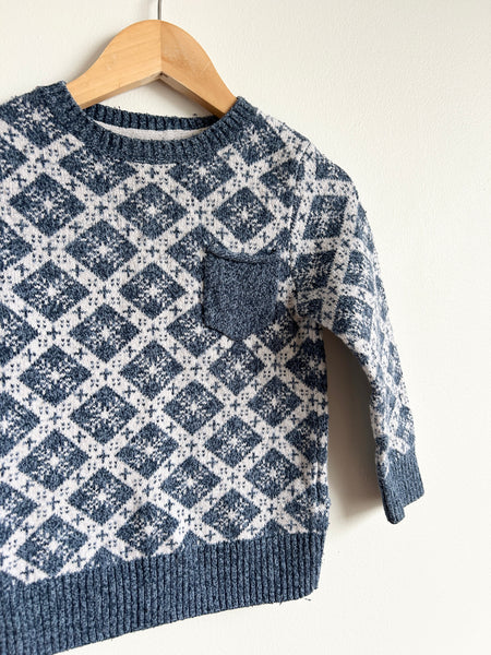 H&M Blue and White Knit Pocket Sweater • 2-4 years