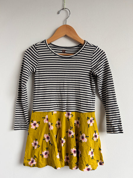 Tea Long Sleeve Striped/Floral Cotton Dress • 4 years
