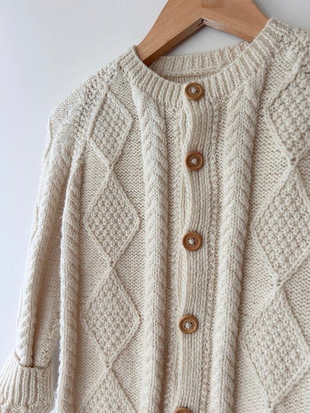 Handknit White Acrylic Wooden Button Cardigan • 4-6 years *