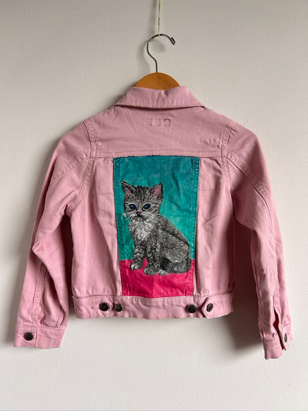 Tractor Jeans Handpainted Cat Pink Denim Jacket • 4-6 years