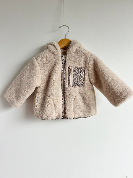 Zara Lined Cream Teddy Sherpa Zip Up Hooded Jacket With Floral Pocket • 1-2 years