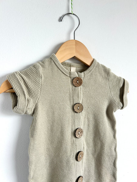 Childhoods Button Short Sleeve Sage Green Waffle Romper • 12-18 months
