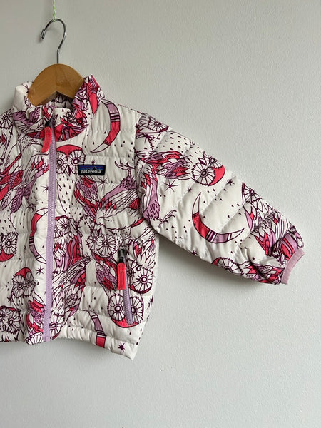 Patagonia White, Purple, and Pink Owls Zip Up Down Sweater • 1-2 years