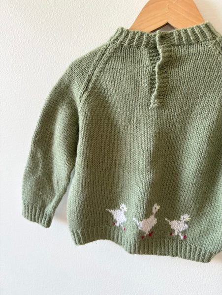 Handknit Green Ducks Sweater • 1-2 years