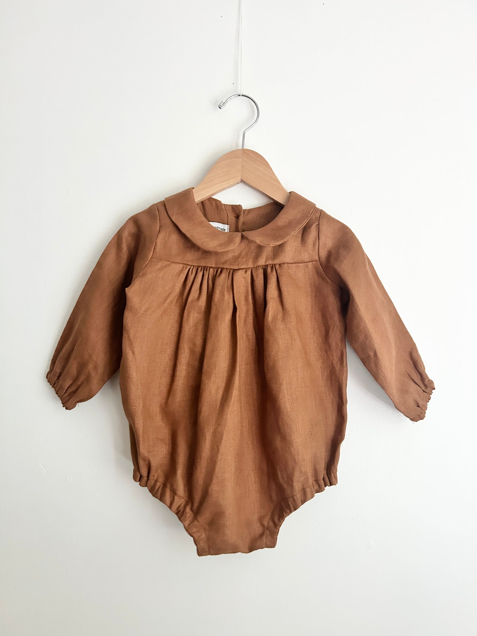 NEW Little Deer Handmade Brown Linen Bubble Romper • 12-18 months