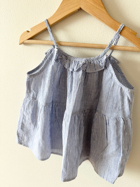 Bonpoint Blue and White Ruffle Neck Tank Top • 3-4 years
