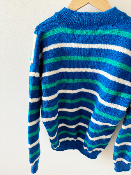 Vintage Handknit Blue and Green Star Knit Sweater • 6-8 years