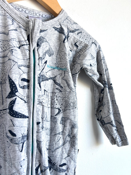Bonds Grey Shark Zip Romper • 18-24 months