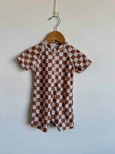 Mebie Baby Brown Checkered Rashguard Swim Suit • 18 months