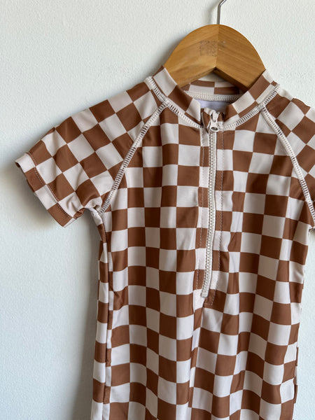 Mebie Baby Brown Checkered Rashguard Swim Suit • 18 months