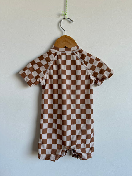 Mebie Baby Brown Checkered Rashguard Swim Suit • 18 months