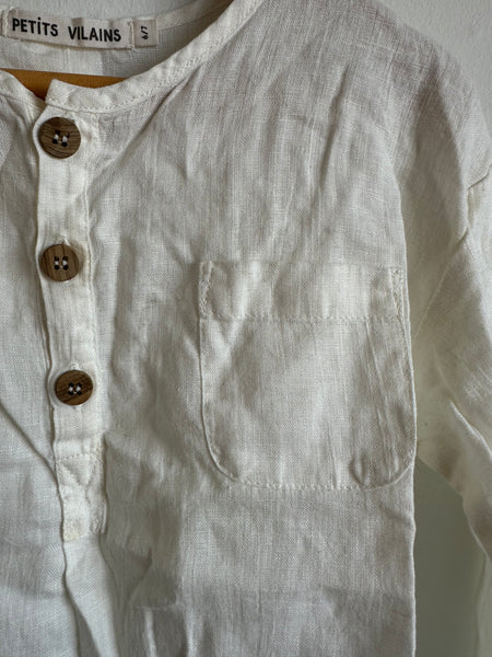 Petits Vilains White Linen Button Up • 6-7 years
