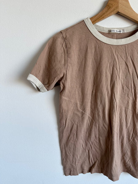 Petits Vilains Brown and White Trim Tee • 10-12 years