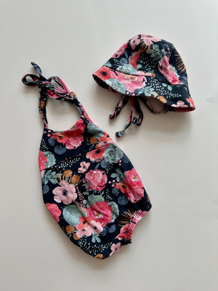 Little and Lively Floral Romper and Bonnet • 0-6 month